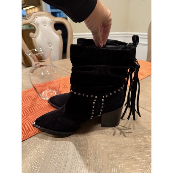 Venus Black Suede Studded Tassel Block Heel Boots Size 10 - Picture 3 of 6